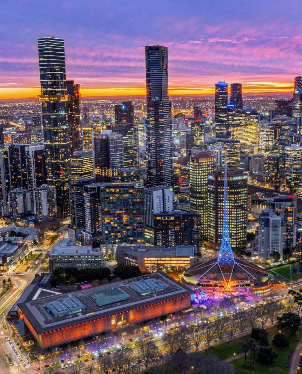 Melbourne skyline aerial view at sunset
