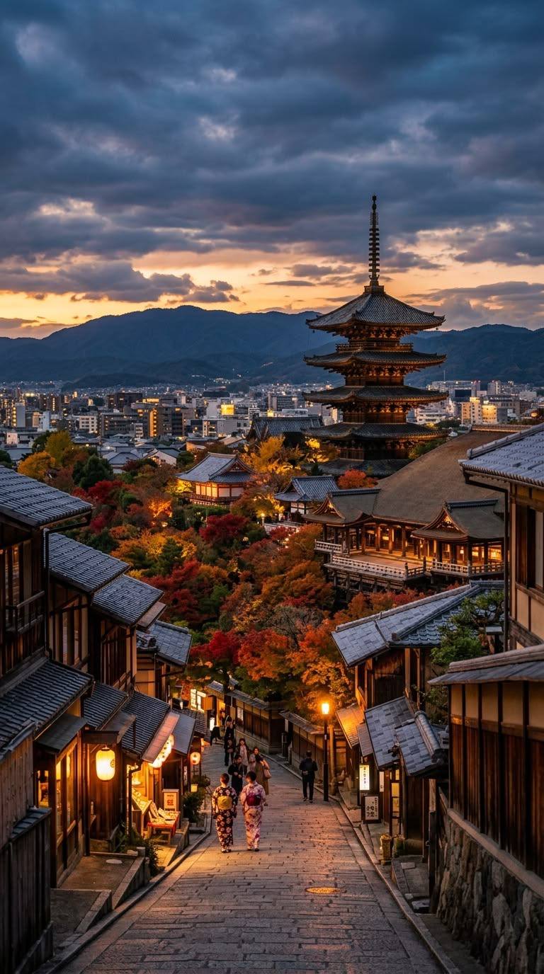 Yasaka Pagoda and old streets of Kyoto at sunset