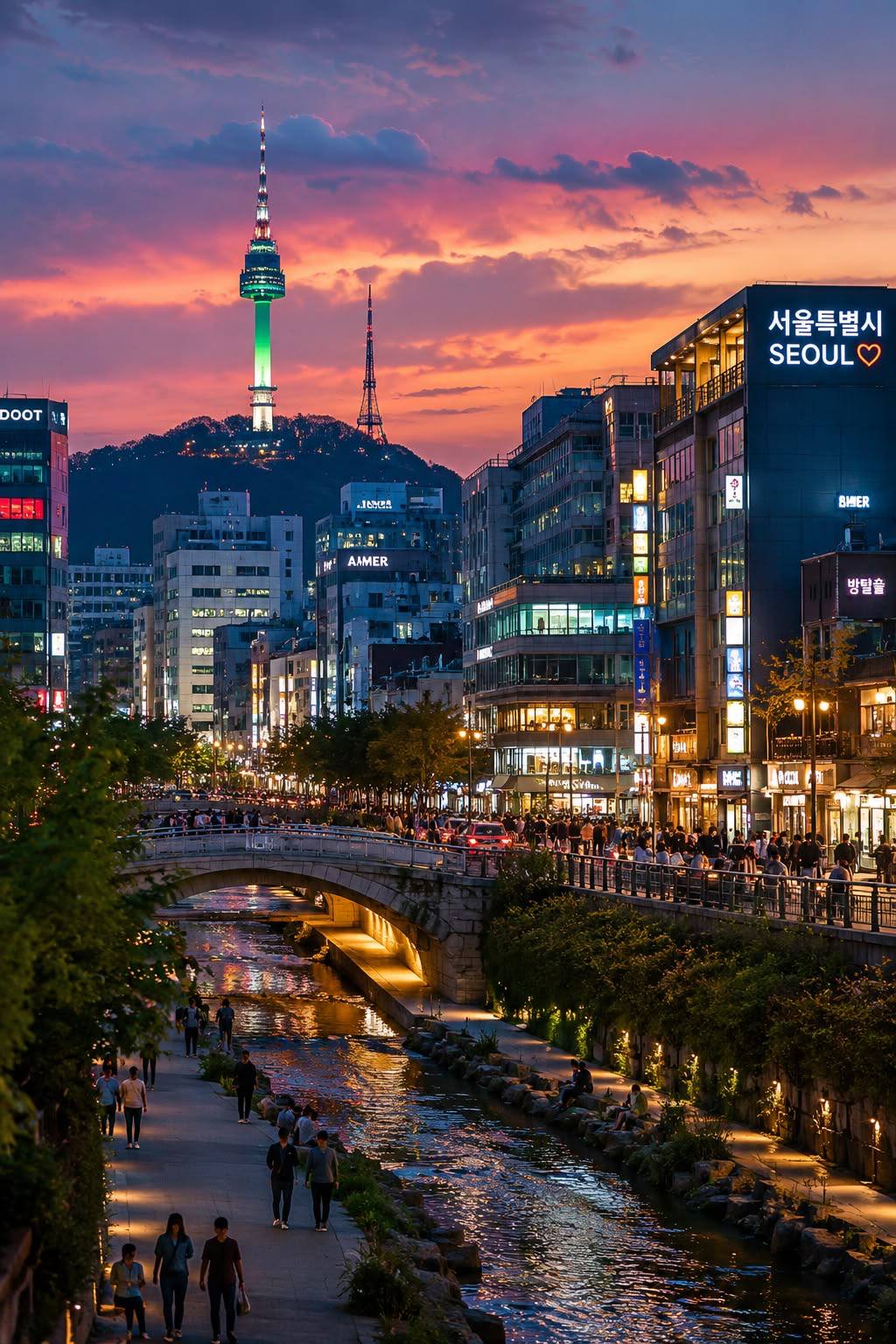 Cheonggyecheon stream with N Seoul Tower at dusk