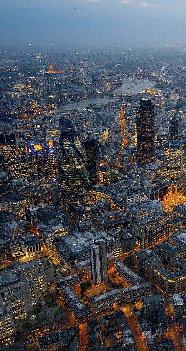 City of London skyline aerial view at night